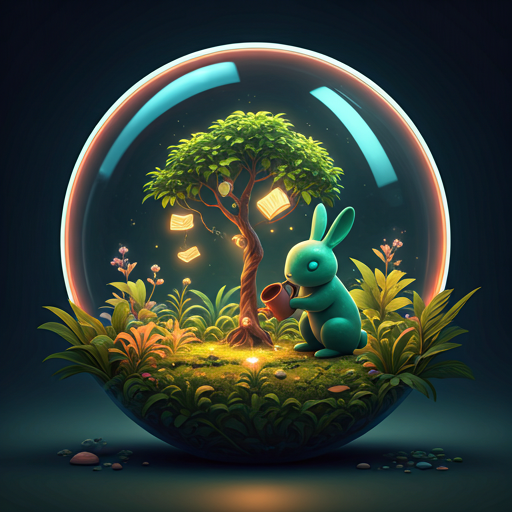 Whimsical story tree with books and sound wave inside a glowing bubble