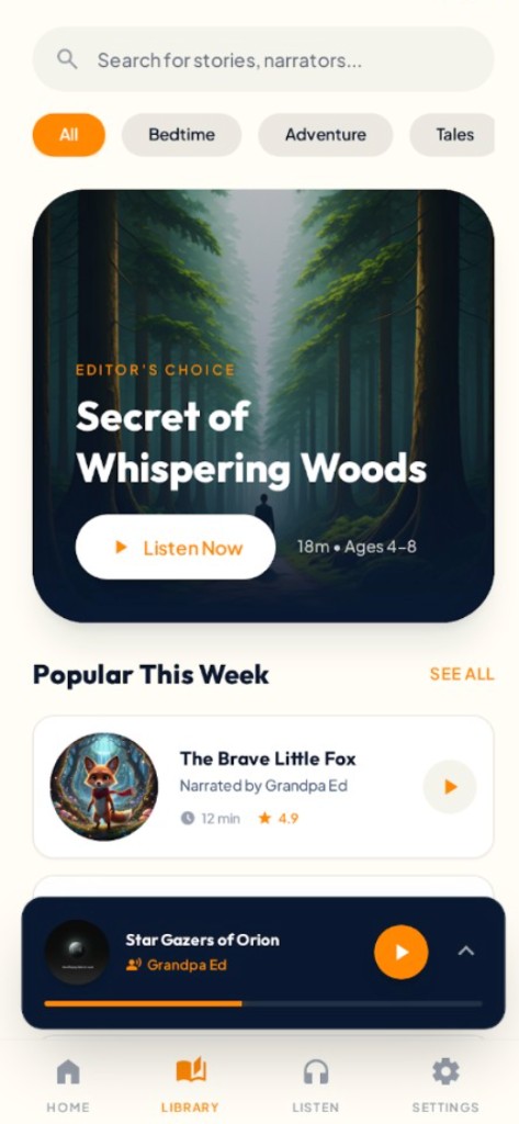 Library: search, featured story, and popular titles