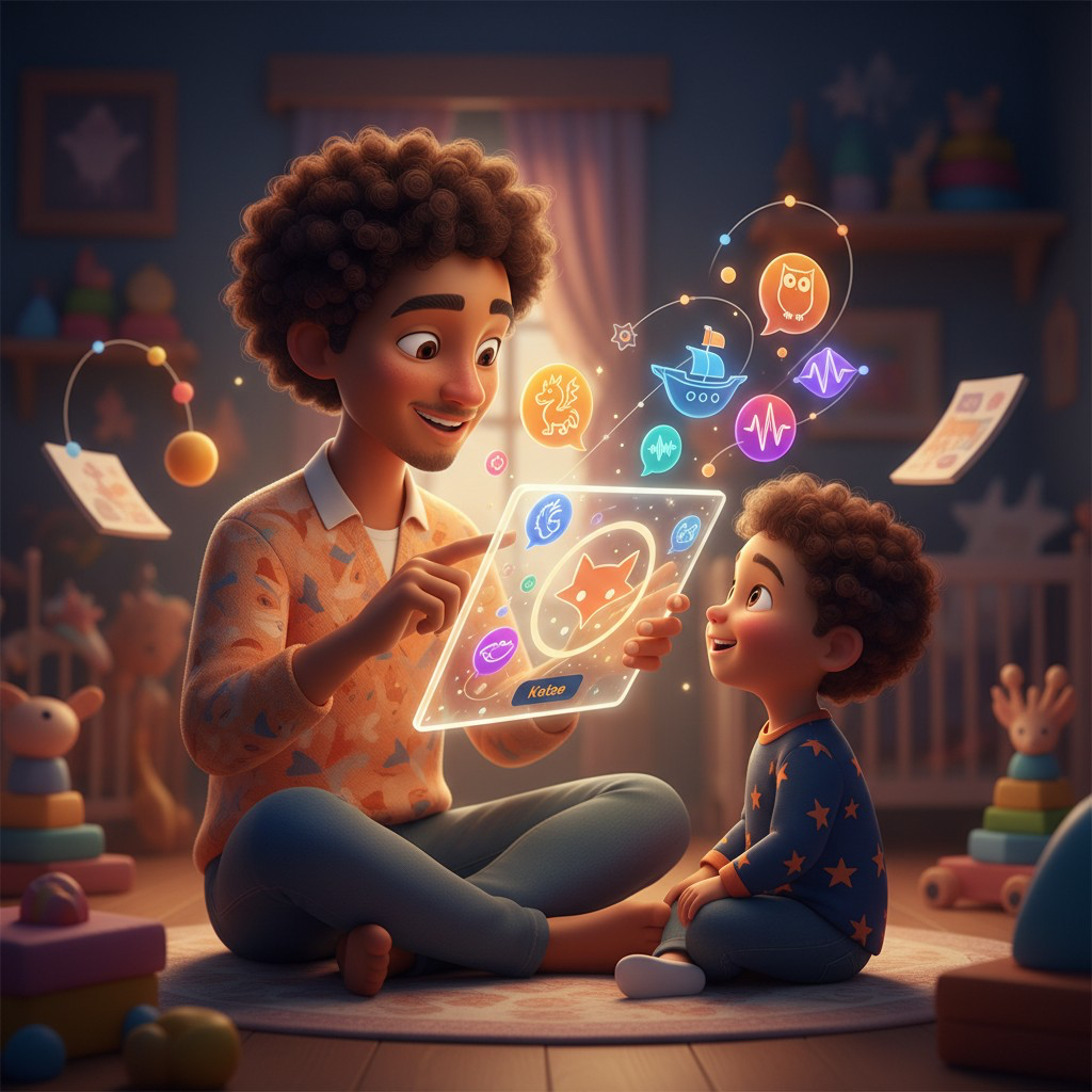 Parent and child with a glowing tablet showing story choices and floating story icons