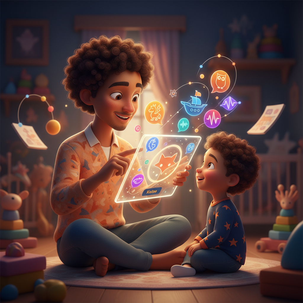 Caregiver and child together with Katae on a tablet, cozy room